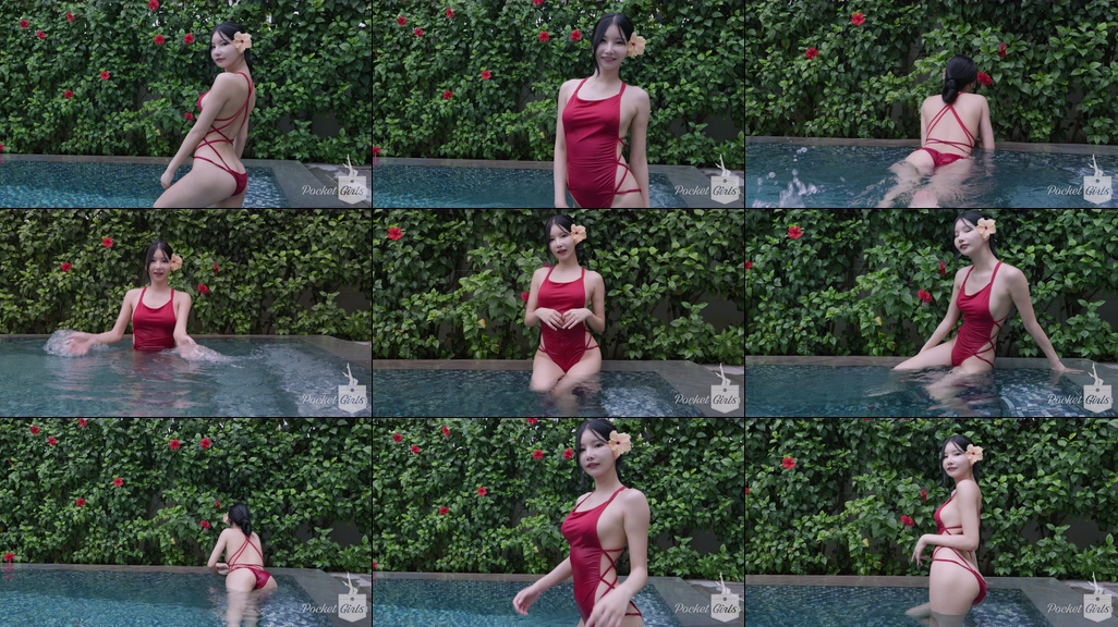 Pool Wading in Vibrant Red Monokini, Yeonji, Part.1c – #0849插图